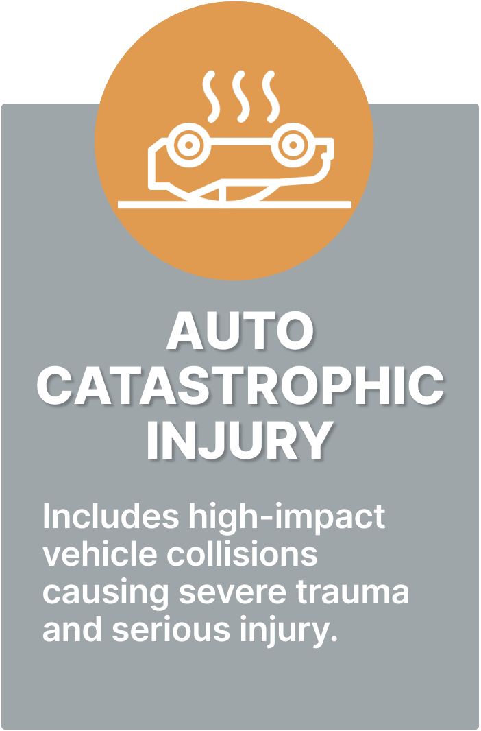 Graphic illustrating common types of auto catastrophic injuries and showing a car accident icon